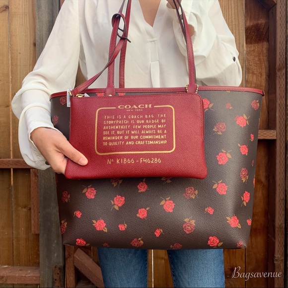 Coach Handbags - Coach floral reversible tote oxblood cherry pouch